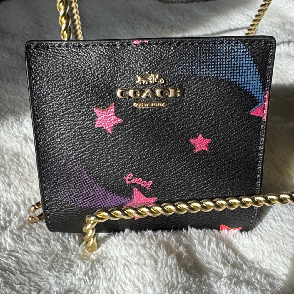 Rare Coach Black Zip Card wallet with Disco Star Print NWOT